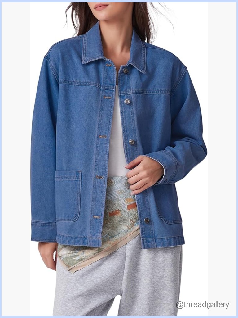 Trendy Oversized Denim Shacket Jacket Long Sleeve Button Down Jean Coat